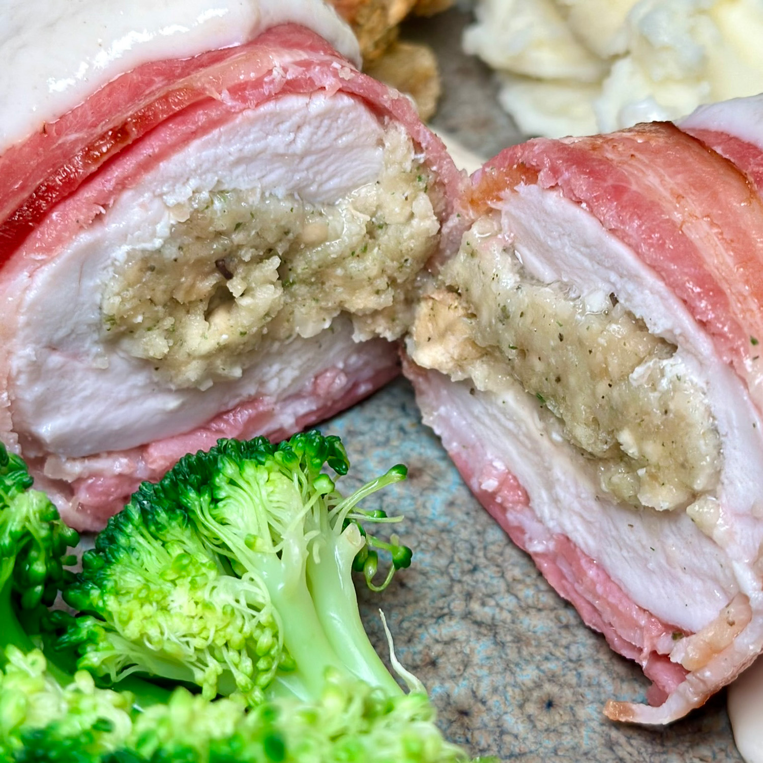Sage, Onion, and Cheddar Stuffed Chicken & Bacon on the Ninja Woodfire Grill  – Smoke & Sear